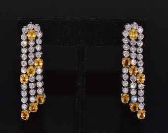 Vintage Sapphire Diamond Earrings - Dangle Earrings - Certified Natural 9Cts VS F Diamond Yellow Sapphire 18K 750 Gold Chandelier Earrings