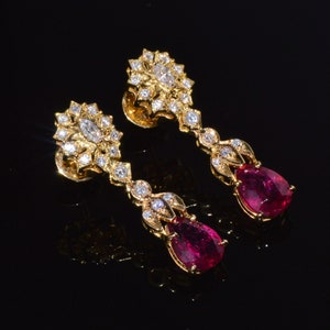 Vintage Tourmaline Earrings - Natural Diamond Earrings - Estate 5.86CTS VS F Diamond Rubellite 750 18K Solid Gold Cocktail Dangle Earrings