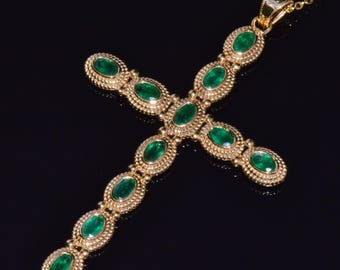 Byzantine Cross Pendant - Estate Natural Emerald 750 18K Solid Gold Filigree Beaded Statement Etruscan Greek Necklace - ExoticGoldJewelry