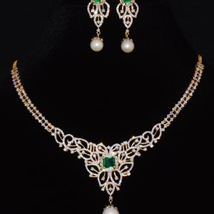 Emerald Necklace, Emerald Earrings, Certified Natural 32.4Cts VS F Brilliant Cut Diamond Emerald 18K Solid Gold Cocktail Set, ExoticGold