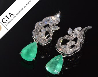 Vintage Colombian Emerald Earrings - GIA Certified Natural 23.23CTS VS F Diamond Emerald 900 Platinum 18K Solid Gold Cluster Dangle Earrings