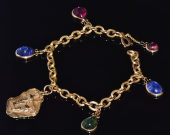 Charms Bracelet - Vintage Italian 750 18K Solid Gold Natural Tanzanite Tourmaline Bezel Gemstones Pendants Chain Link Bracelet - ExoticGold