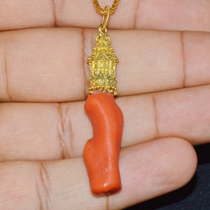 Antique Etruscan Victorian Coral Pendant - Natural Orangish Red Coral 916 22K Solid Gold Filigree Slide Charm Pendant Necklace - ExoticGold