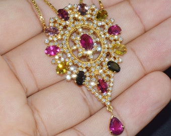Tourmaline Brooch - Diamond Brooch - Certified Natural 10.46Cts Diamond Multi Color Tourmaline 18K Solid Gold Slide Pendant - ExoticGold