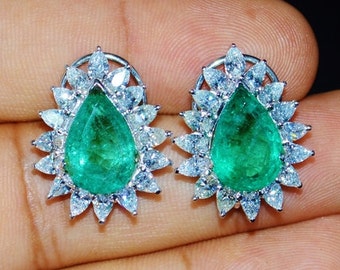 Emerald Earrings - Certified Natural Untreated 15CTS VS F Diamond Emerald 18K 750 Solid Gold Riviera Cluster Vintage Earrings - ExoticGold