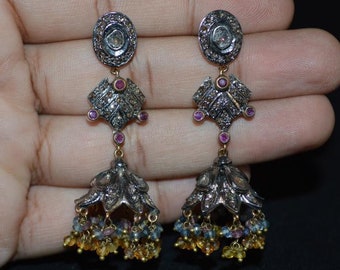 Ruby Earrings - Sapphire Earrings - Gorgeous Estate 14K Gold Silver Rose Cut Diamond Chandelier Dome Bell Flower Asian Jhumka Earrings