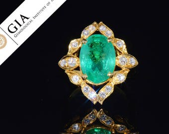 GIA Certified Colombian Emerald Diamond 18K Gold Art Deco Ring