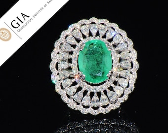 Emerald Diamond Ring - Emerald Ring - GIA 13CTS Natural Colombian Emerald VS F G Diamond 18K Solid Gold Cocktail Dinner Statement Dome Ring