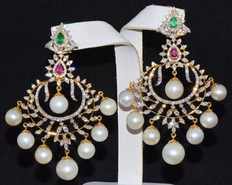 Emerald Earrings - Ruby Earrings - Certified Natural 116CT VS F Diamond South Sea Pearl 18K Solid Gold 2 IN 1 Chandelier Dangle Earrings