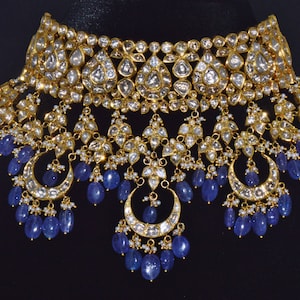 Vintage Tanzanite Set - Estate Mughal Enamel Natural 210Cts Uncut Polki Diamond Seed Pearl Solid 22K 18K Gold Choker Necklace Earrings Set