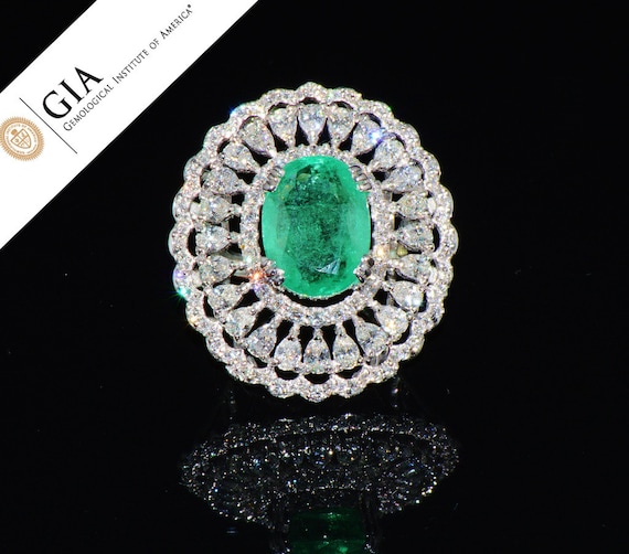 Emerald Diamond Ring - Emerald Ring - GIA 13CTS Natural Colombian Emerald VS F G Diamond 18K Solid Gold Cocktail Dinner Statement Dome Ring