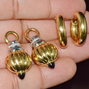 Italian Gold Earrings - Vintage Nuvola Oro Diamond Onyx 750 18K Gold 2-IN-1 Hoop Dangle Drop Earrings - ExoticGoldJewelry image 1