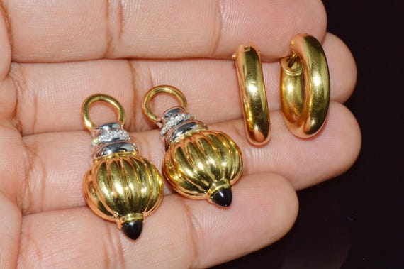 Italian Gold Earrings - Vintage Nuvola Oro Diamond Onyx 750 18K Gold 2-IN-1 Hoop Dangle Drop Earrings - ExoticGoldJewelry