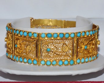 Filigree Bangle Bracelet - Vintage Persian Arabic UAE Dubai Cannetille 750 18K Solid Gold Natural Turquoise Bangle Bracelet - ExoticGold