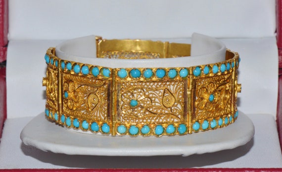 Buy Filigree Bangle Bracelet Vintage Persian Arabic UAE Dubai Cannetille  750 18K Solid Gold Natural Turquoise Bangle Bracelet Exoticgold Online in  India - Etsy