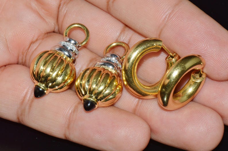 Italian Gold Earrings - Vintage Nuvola Oro Diamond Onyx 750 18K Gold 2-IN-1 Hoop Dangle Drop Earrings - ExoticGoldJewelry image 2