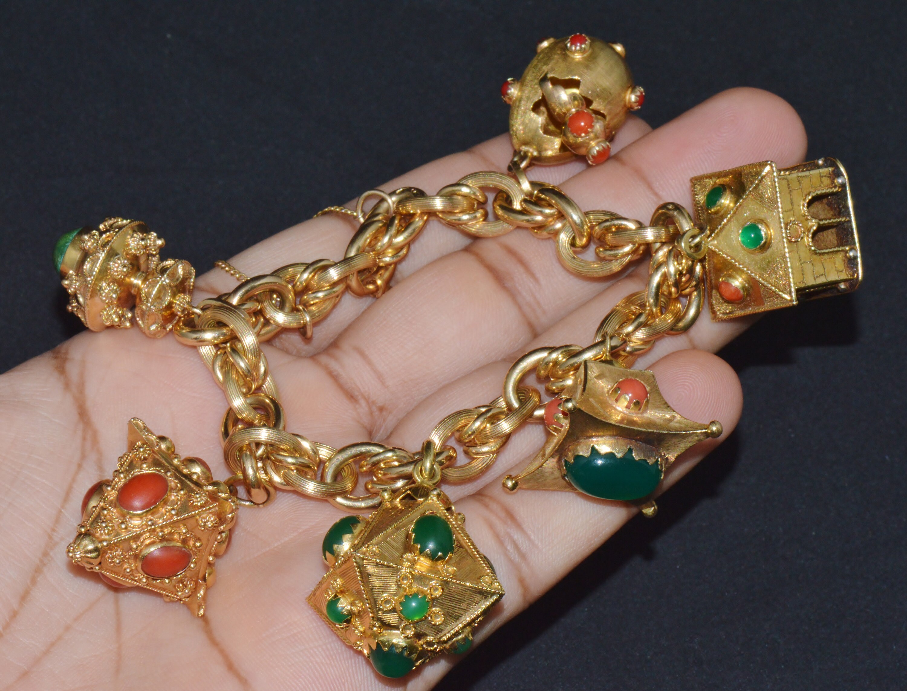 Midcentury Italian Gold Etruscan Revival Charm Bracelet, 8 Assorted Color  Charms — Benchmark of Palm Beach