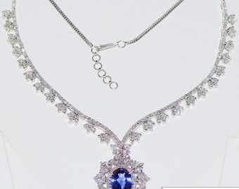 Tanzanite Necklace - Diamond Necklace - GIA Certified Natural 26.9CTS VS F Diamond Tanzanite 18K Solid Gold Collar Riviera Pendant Necklace