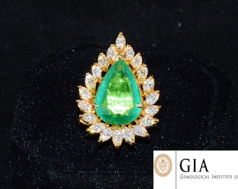 GIA Certified Zambian Emerald Diamond Ring 18K Gold Estate Cocktail Ring