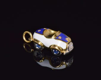 Vintage Aaron Basha 18K 750 Gold Natural Diamond Sapphire Enamel Luxury Car Charm Pendant | Rare Discontinued Design | ExoticGoldJewelry