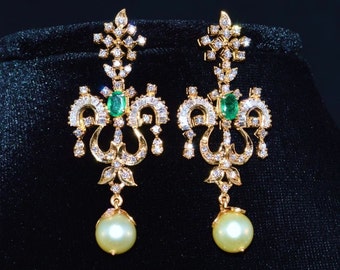 Emerald Earrings - Certified 18K Solid Gold 14Cts Natural VS G Diamond South Sea Pearl Emerald Cocktail Chandelier Earrings - ExoticGold