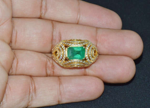 Emerald Ring - Emerald Diamond Ring - Estate Natu… - image 3