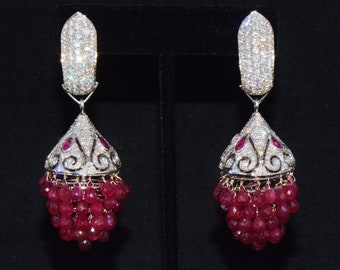 18K Gold Diamond Ruby Chandelier Earrings – 3-in-1 Dangle Cluster