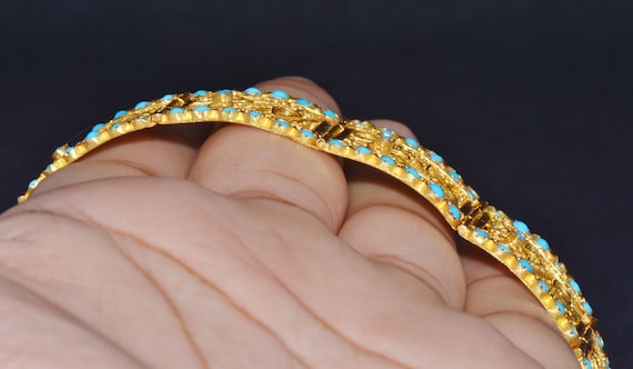Persian Turquoise & Pearl 14k Yellow Gold Bangle Bracelet-MT