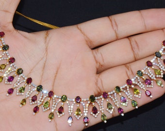 Vintage Tourmaline Necklace - Certified Natural 26.2CTS Vs G Diamond Pink Green Gemstone 18K Solid Gold Cocktail Riviera Chocker Necklace