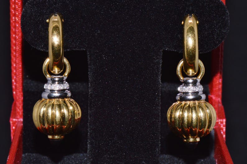 Italian Gold Earrings - Vintage Nuvola Oro Diamond Onyx 750 18K Gold 2-IN-1 Hoop Dangle Drop Earrings - ExoticGoldJewelry image 7