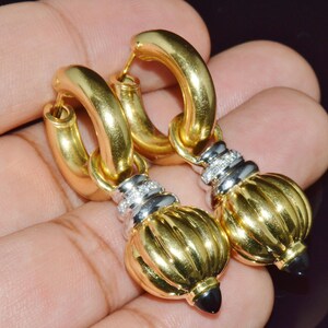Italian Gold Earrings - Vintage Nuvola Oro Diamond Onyx 750 18K Gold 2-IN-1 Hoop Dangle Drop Earrings - ExoticGoldJewelry image 3