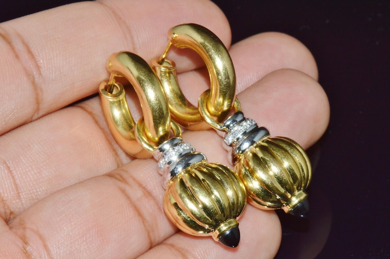 Italian Gold Earrings - Vintage Nuvola Oro Diamond Onyx 750 18K Gold 2-IN-1 Hoop Dangle Drop Earrings - ExoticGoldJewelry image 3