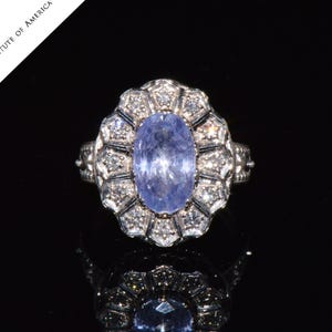 ヴィンテージ アールデコ サファイア リング - GIA ナチュラル 4Cts VS F ダイヤモンド 非加熱 非加熱 バイオレット ブルー サファイア 18K ソリッド ゴールド ハロー エトルリア リング バンド