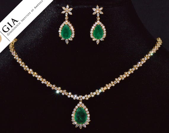 GIA Emerald Necklace - Emerald Earrings - Vintage 21.76Cts 18K Solid Gold Natural Emerald Diamond Collar Necklace Earrings Set - ExoticGold