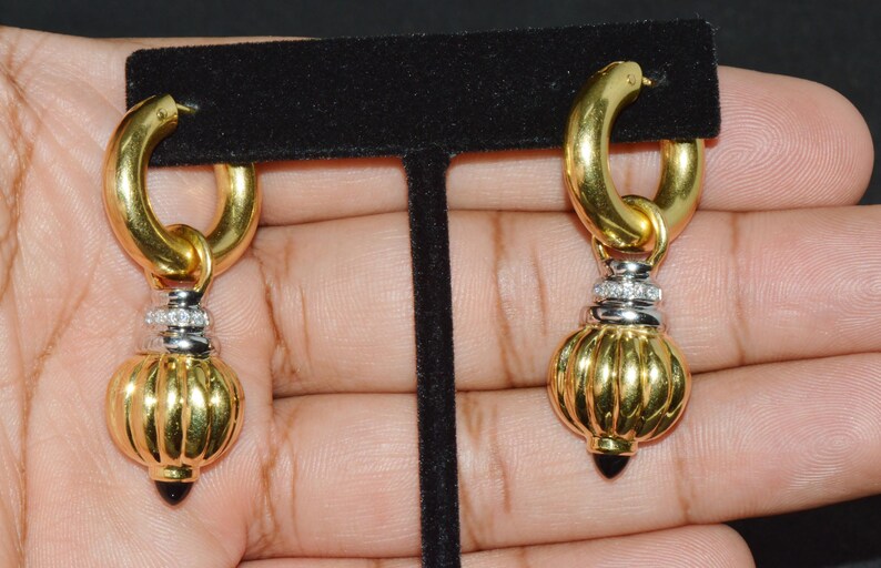 Italian Gold Earrings - Vintage Nuvola Oro Diamond Onyx 750 18K Gold 2-IN-1 Hoop Dangle Drop Earrings - ExoticGoldJewelry image 6