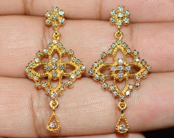 Diamond Earrings - Gold Earrings - Fine Estate Natural 1.1Cts VS G Diamond 18K Solid Yellow Gold Cocktail Dangle Chandelier Earrings