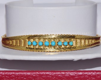 Vintage Gold Bracelet - 18K Gold Bracelet - Estate Natural Blue Turquoise Solid 750 Yellow Gold Snake Chain Bangle Bracelet - ExoticGold