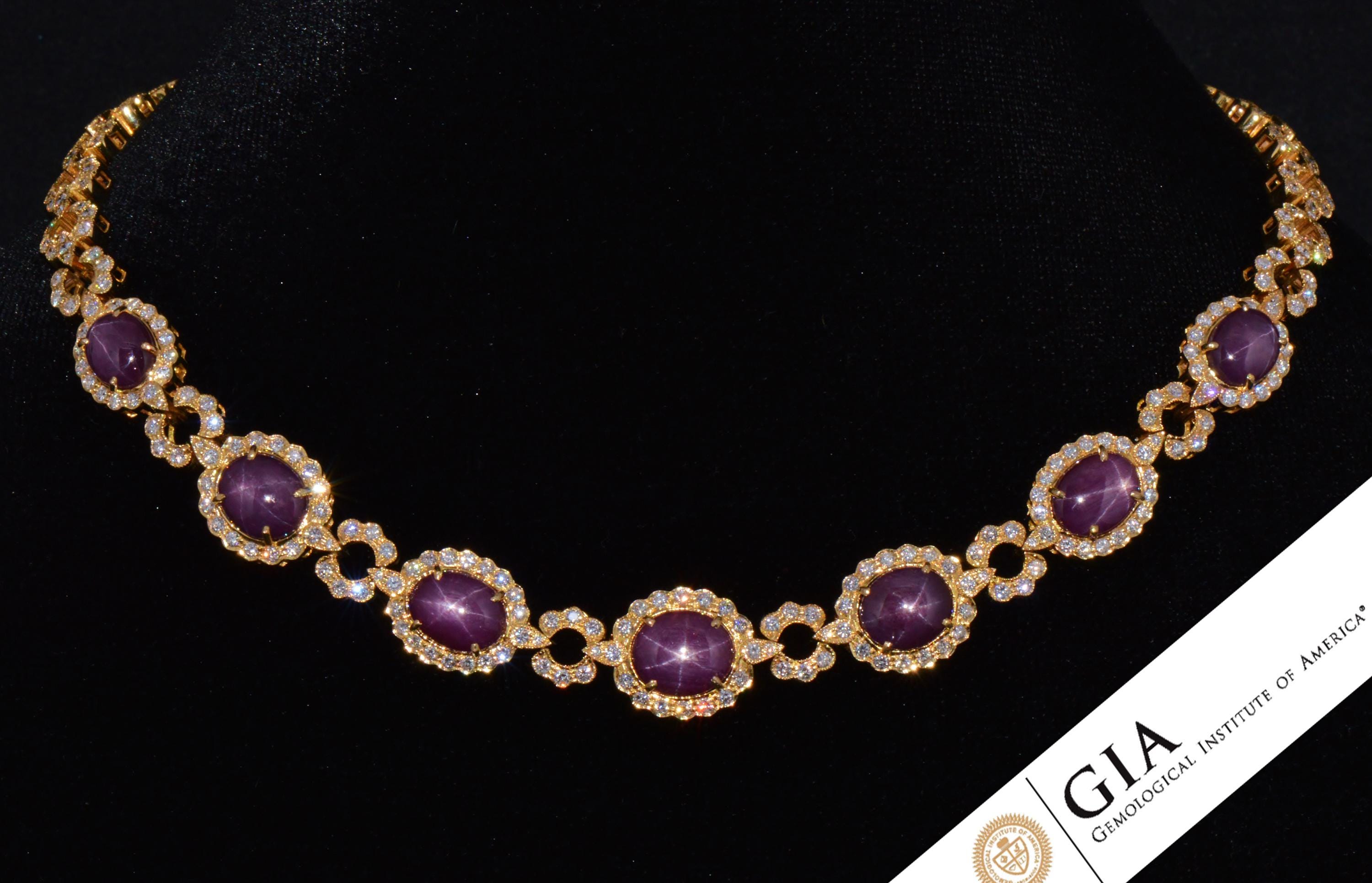 GIA Certified 57.52CTS Star Ruby & Diamond Necklace in 750 18K Yellow Gold - Vintage Statement Collar Necklace - ExoticGoldJewelry