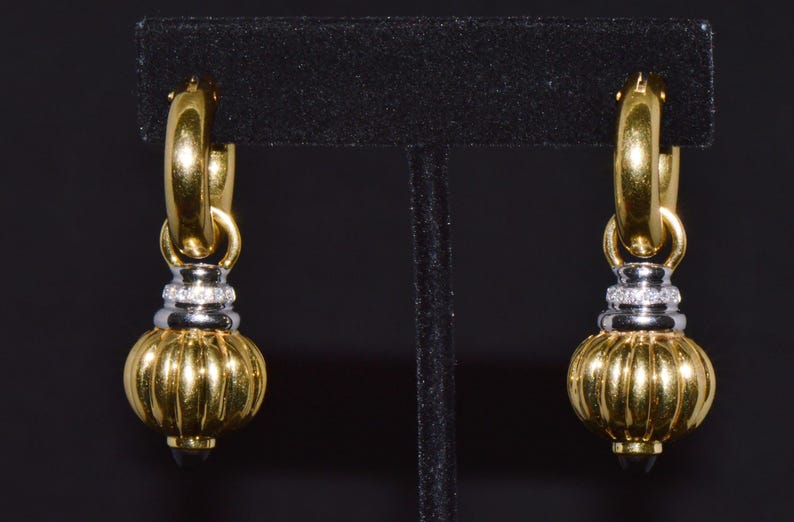 Italian Gold Earrings - Vintage Nuvola Oro Diamond Onyx 750 18K Gold 2-IN-1 Hoop Dangle Drop Earrings - ExoticGoldJewelry image 9