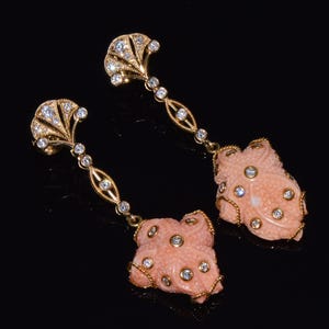 Vintage Coral Earrings - Estate Italian Certified Natural 2.01CTS Diamond Carved Coral 18K Solid Gold Filigree Dangle Earrings