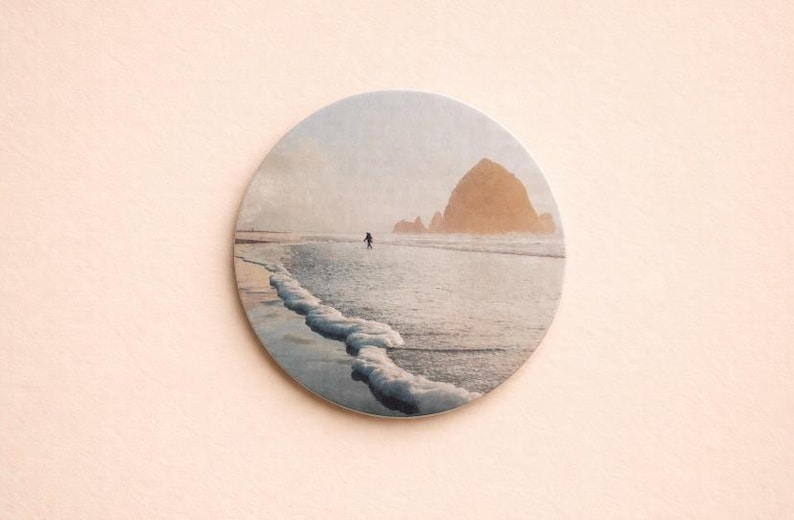 Cannon Beach Magnet – Oregon Coast Souvenir, Pacific Northwest Art Gift, Haystack Rock Fridge Magnet, Beach Decor (10cm x 10cm) image 1