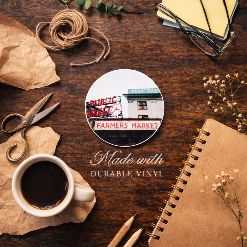 Pike Place Market Sticker, Seattle Souvenir Vinyl Decal for Water Bottle Laptop Journal, Washington PNW Gift image 2