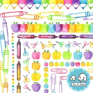 Watercolor Rainbow School Clipart Borders,  Teacher Clipart, Back To School Clip Art, Apple, Crayon, Classroom Decor, Class Newsletter PNG