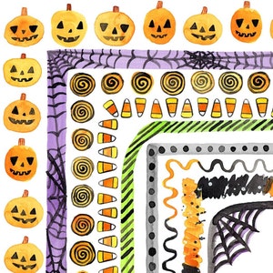 May include: A digital paper pack with Halloween themed borders and patterns. The borders include a purple spiderweb, a green and black striped border, a gray polka dot border, a black and white wavy border, and a black spiderweb. The patterns include orange and yellow candy corn, orange and yellow swirls, and orange jack-o-lantern faces.