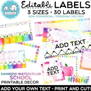 Editable Rainbow Watercolor Labels For Student Name Tags, Drawer Labels, Rolling Cart, Book Bin Labels, Watercolor Classroom Decor Theme