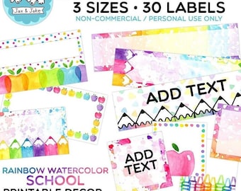 Editable Rainbow Watercolor Back To School Labels For Student Name Tags, Drawer Labels, Rolling Cart, Book Bin, Printable Classroom Decor