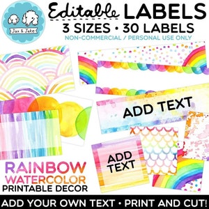 Bearbeitbare Regenbogen Aquarell Studenten Namensschilder, Schubladenetiketten, Lehrer Rollwagen, Bücherkorbetiketten, Cubby Tags, druckbare Klassenzimmerdekoration