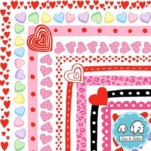 Valentine Clipart Border Set, Heart Border, Valentine's Day Clip Art Frames For Class Party, Candy Hearts Boarder, February, BW Included PNG