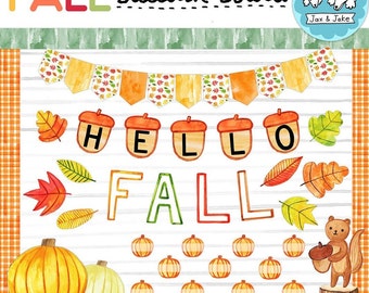 Kit de tablero de anuncios de otoño con acuarela, decoración imprimible para el aula de otoño, Acción de Gracias, hojas, bellotas, decoraciones para puertas, incluye etiquetas con nombres de calabaza