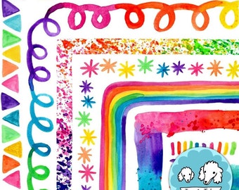 MORE Colorful Rainbow Watercolor Clipart Borders, Clip Art Frames For Birthdays, Teachers, Classroom Decor, Printable Decorations PNG